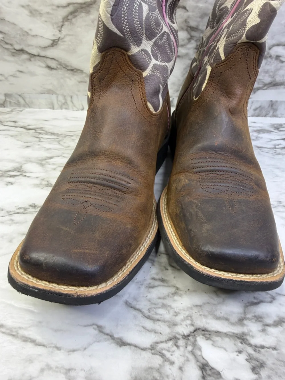 Ariat Brown Leather Cowgirl Boots with Pink & Cream Patterned Shaft size 1